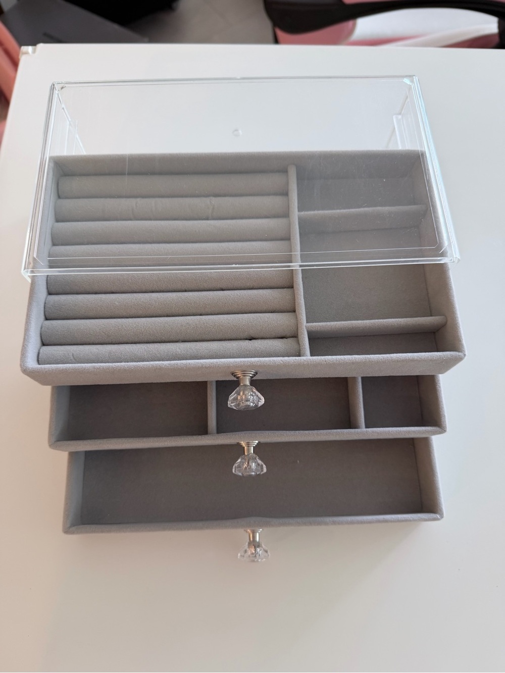 Gray Jewelry Organizer Box with Clear Lid and Drawers